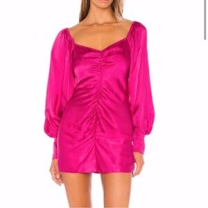 Rococo Sand Poppy Scarlet Barbie pink ruched blouson sleeve satin mini dress M